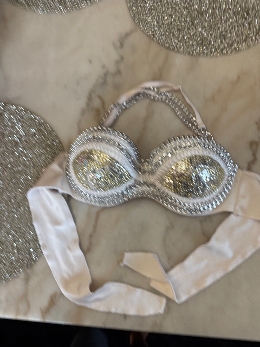 Embellished White Satin Bandeau Bra with Sequin Cups - Picture 4 of 7
